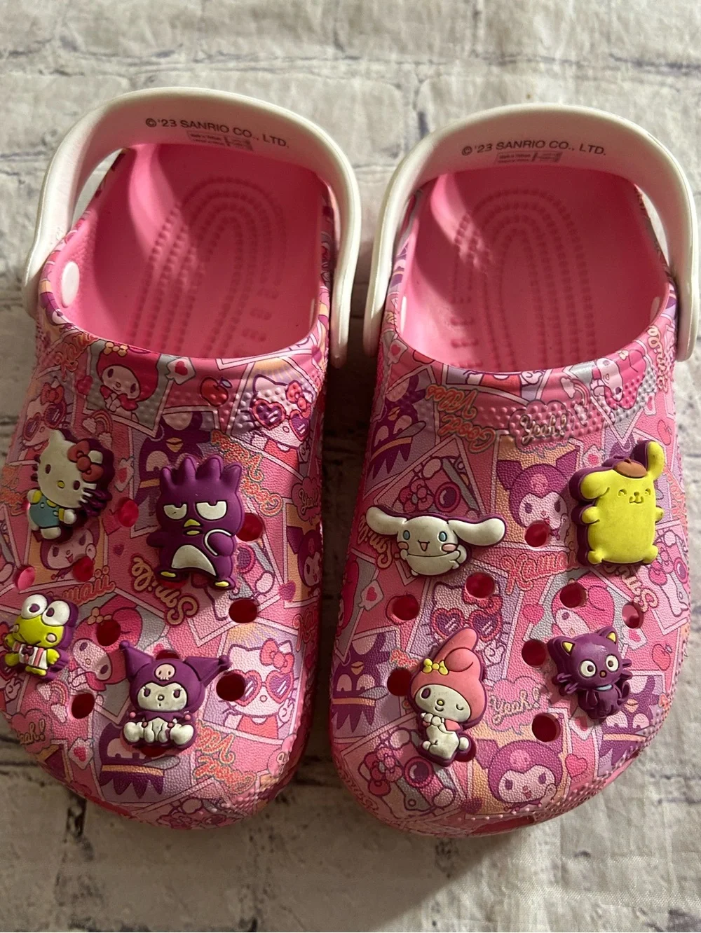 HELLO KITTY AND FRIENDS PINK CROCS ALL-OVER SANDRIO CHARACTERS & JIBBITZ CHARMS